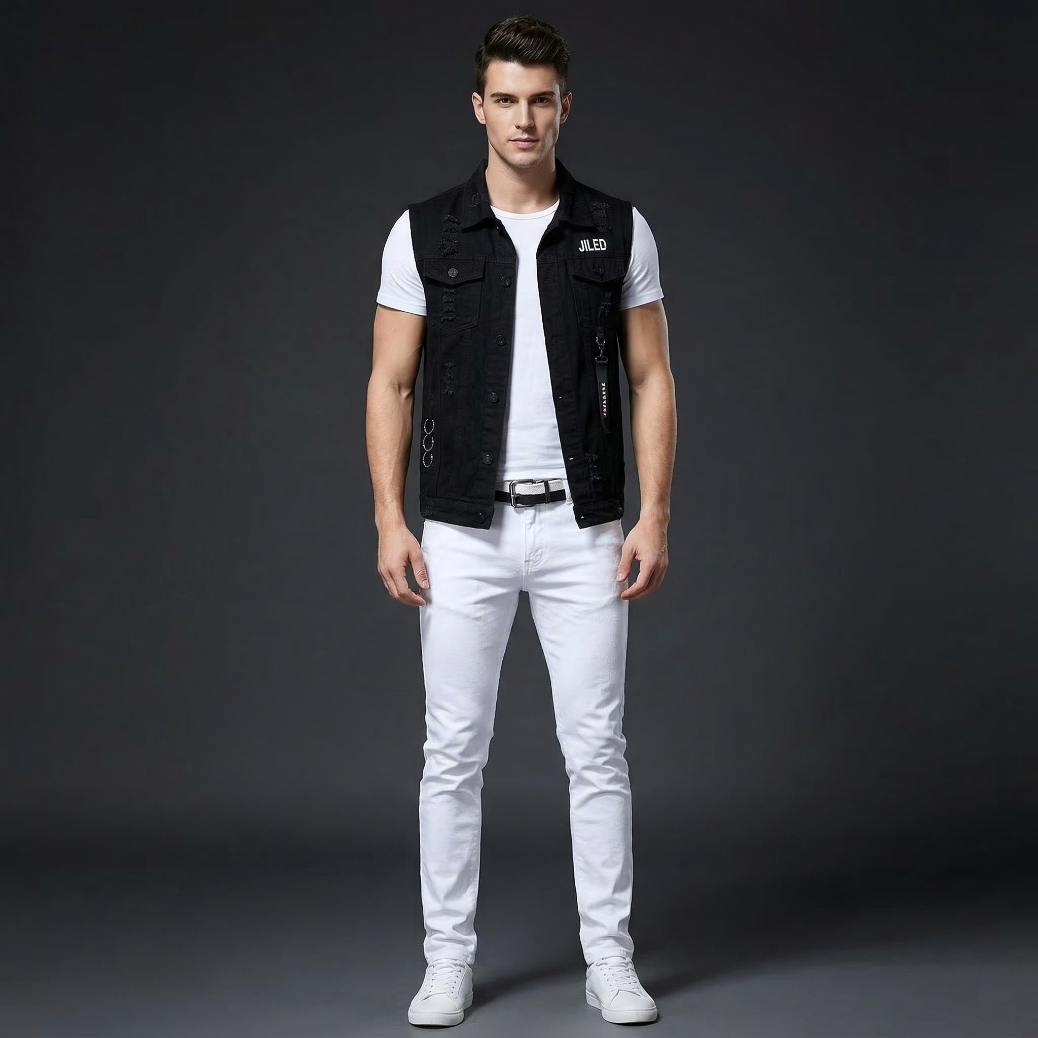 2pcs Set Mens Boys Casual Denim Vest Sleeveless Waistcoat -Jeans Pants Trousers for Summer Autumn Spring Free Send Tshirt Belt