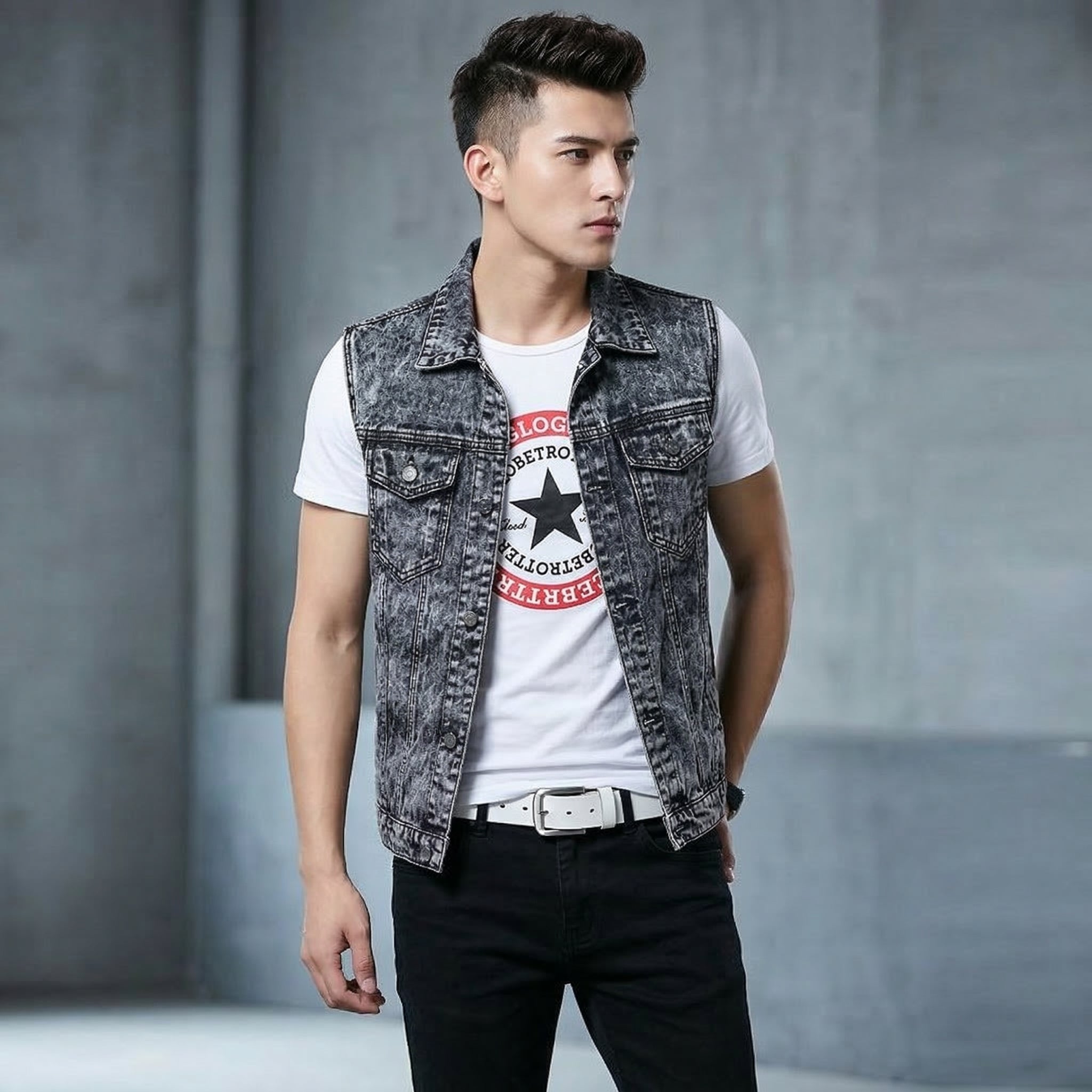 Men’s Slim Fit 3PCS Denim Set – Sleeveless Jacket, T-Shirt & Pencil Pants, Casual Spring Autumn Outfit for Men