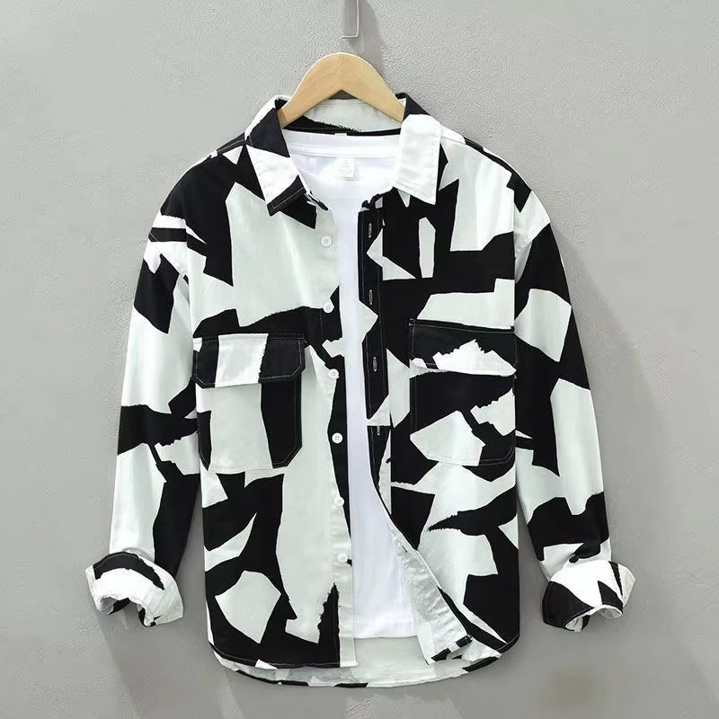 Spring Autumn New Fashion Printing Irregular pattern POLO collar Long sleeve Men's Clothing blouse Casual Single breasted Shirts