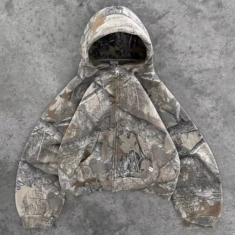 Retro Zip Up Hoodie Men Camouflage Pattern Zipper Sweatshirt High Street Hip Hop Streetwear Oversized Unisex Camo Hoodie