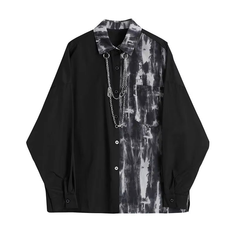 Spring Autumn New Fashion Turn-down Collar Long Sleeve Tie Dye Blouse Men's Clothing Patchwork Chain Button Korean Trend Shirts