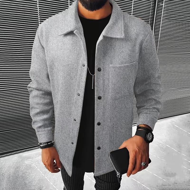 Polyester Brushed Short Jacket for Men, Lapel Button-Down Pocket Coat, Comfortable Casual Autumn Winter Office Business Wear