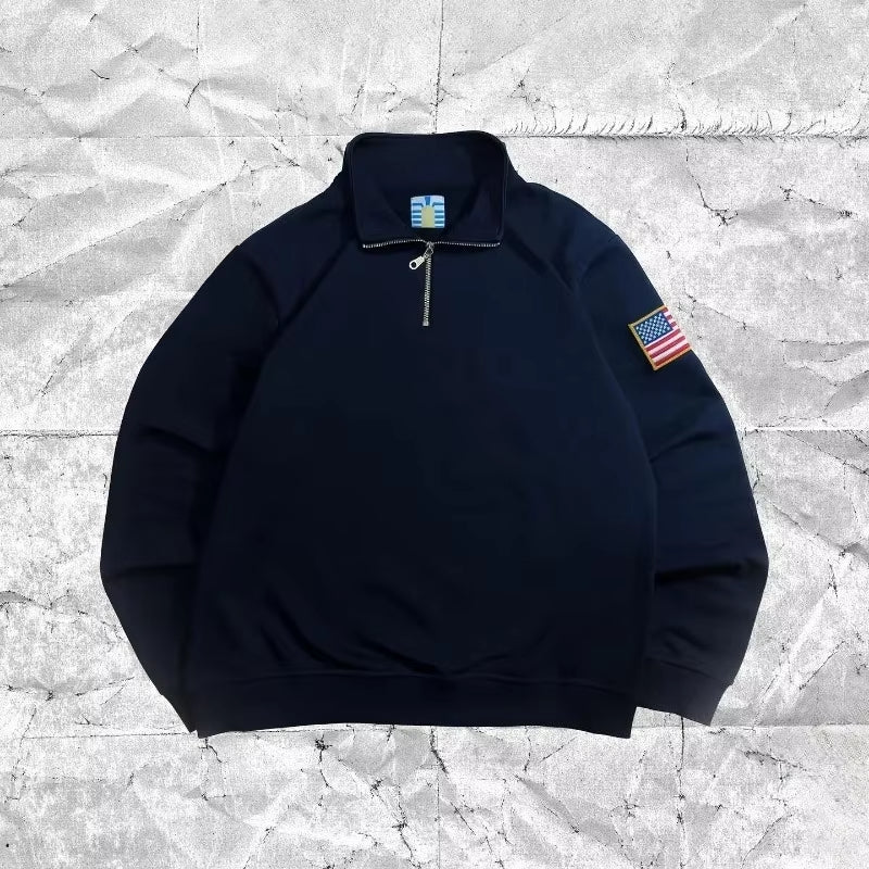 USA Retro Harajuku Embroidery Pullover Quarterzip Stand Collar Polo Shirt Sweatshirt Casual Men Clotheing