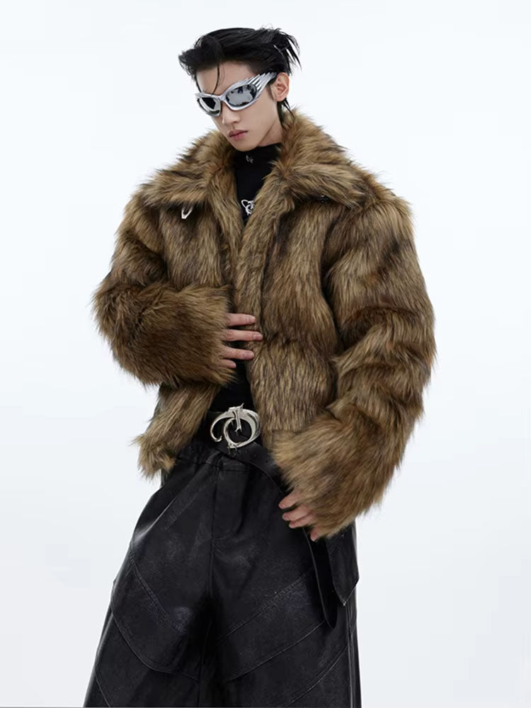 Mauroicardi Winter Short Thick Warm Brown Hairy Soft Faux Fur Coat Men with Turn-down Collar Long Sleeve Fluffy Jackets