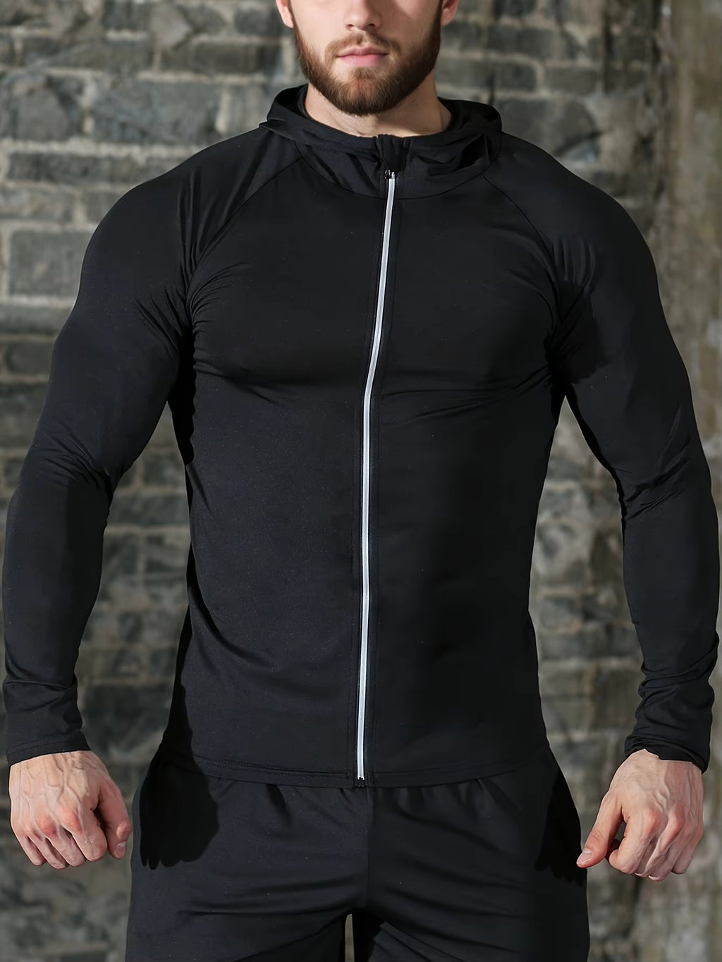 Men's high-elasticity hooded zipper jacket, suitable for both fitness and casual wear, fitted long-sleeved training suit