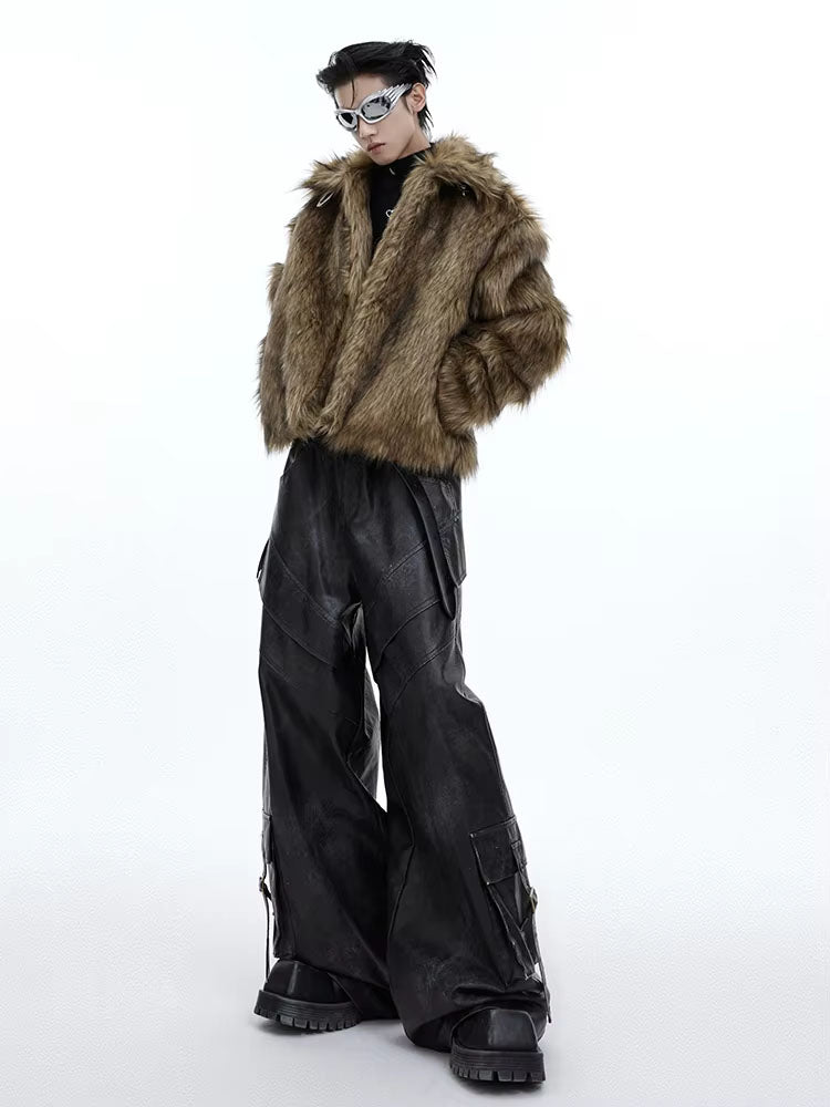Mauroicardi Winter Short Thick Warm Brown Hairy Soft Faux Fur Coat Men with Turn-down Collar Long Sleeve Fluffy Jackets