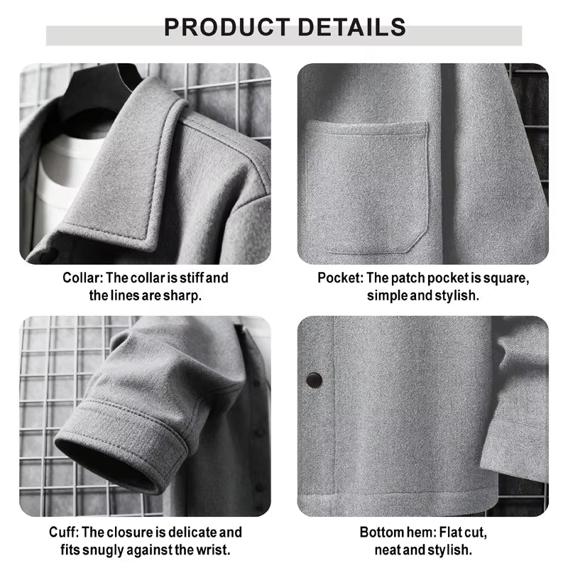 Polyester Brushed Short Jacket for Men, Lapel Button-Down Pocket Coat, Comfortable Casual Autumn Winter Office Business Wear
