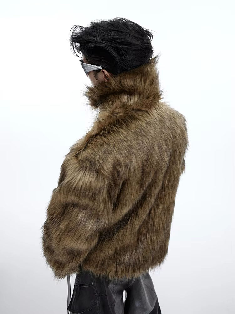 Mauroicardi Winter Short Thick Warm Brown Hairy Soft Faux Fur Coat Men with Turn-down Collar Long Sleeve Fluffy Jackets