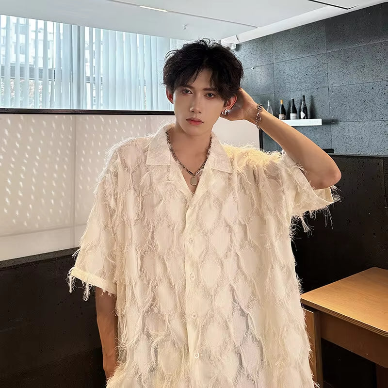 Men Loose Short Sleeve Shirt Small Suit Collar Diamond Frayed Edges Unique Design Casual Trendy Mens Fashion Boho Chic Style