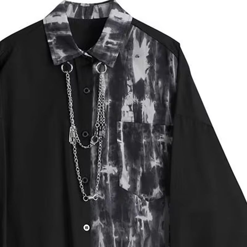 Spring Autumn New Fashion Turn-down Collar Long Sleeve Tie Dye Blouse Men's Clothing Patchwork Chain Button Korean Trend Shirts