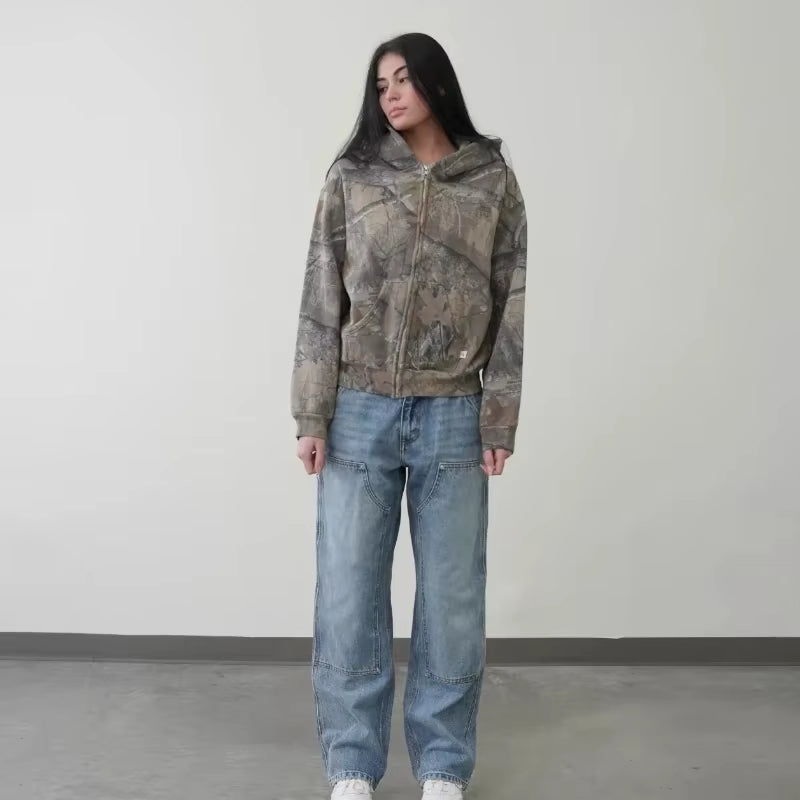 Retro Zip Up Hoodie Men Camouflage Pattern Zipper Sweatshirt High Street Hip Hop Streetwear Oversized Unisex Camo Hoodie