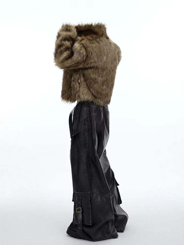Mauroicardi Winter Short Thick Warm Brown Hairy Soft Faux Fur Coat Men with Turn-down Collar Long Sleeve Fluffy Jackets