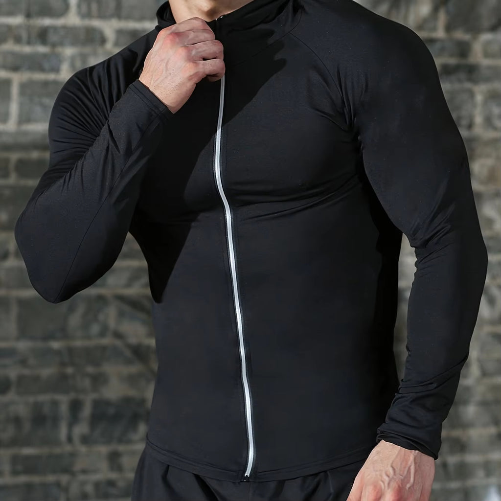 Men's high-elasticity hooded zipper jacket, suitable for both fitness and casual wear, fitted long-sleeved training suit