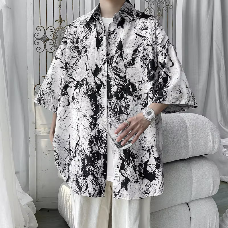 Men Hip Hop Harajuku Shirt Painting Graffiti Color Streetwear Loose Short Sleeve Trend Fashion Beach Shirts Casual Button Tops
