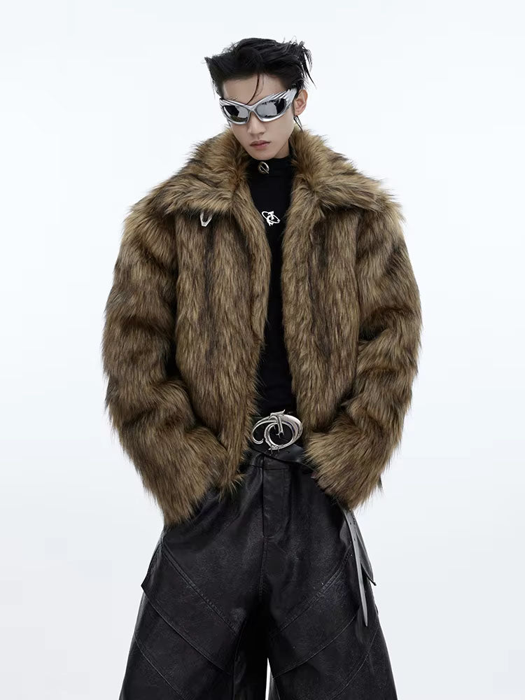 Mauroicardi Winter Short Thick Warm Brown Hairy Soft Faux Fur Coat Men with Turn-down Collar Long Sleeve Fluffy Jackets