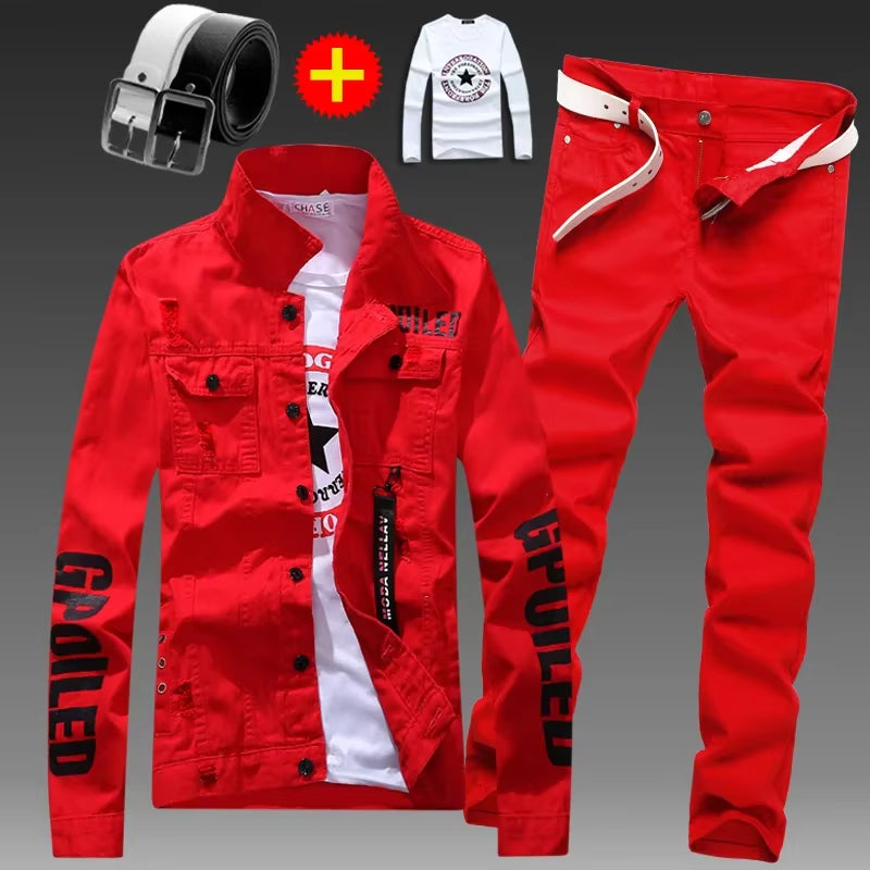 Men Slim Fit Denim Jacket Set, Slim Fit Jeans for Men, 2 Piece Streetwear Outfit, Hip Hop Casual Suit
