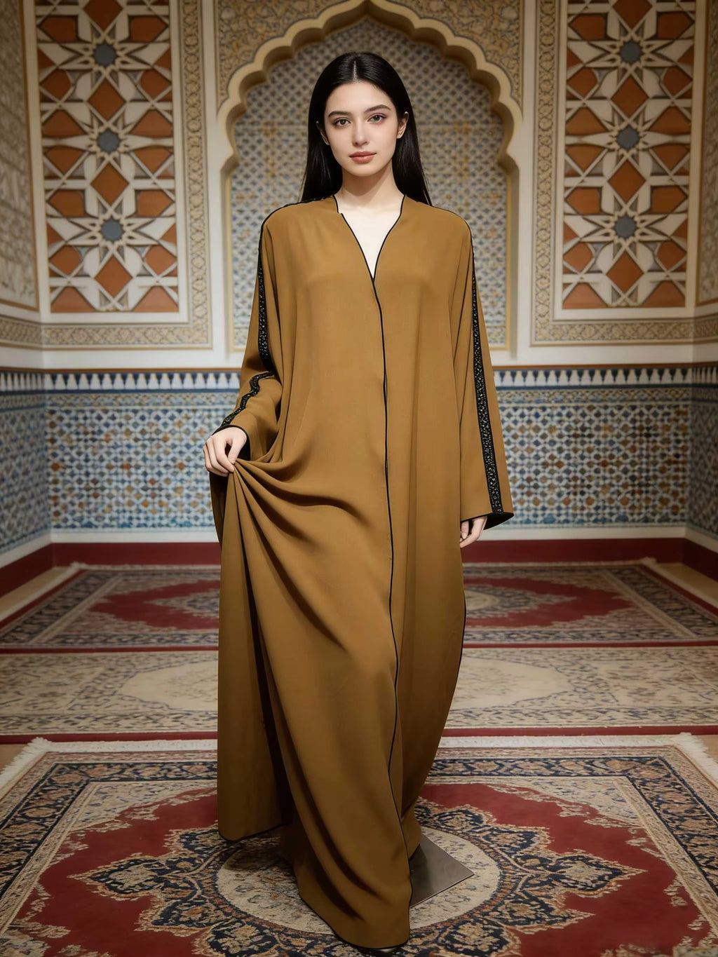 Caramel Brown Satin Abaya With Black Trim Batwing Sleeve Women Muslim Moroccan Kaftan Ramadan Jalabiya Islam Dubai Arabic Robes