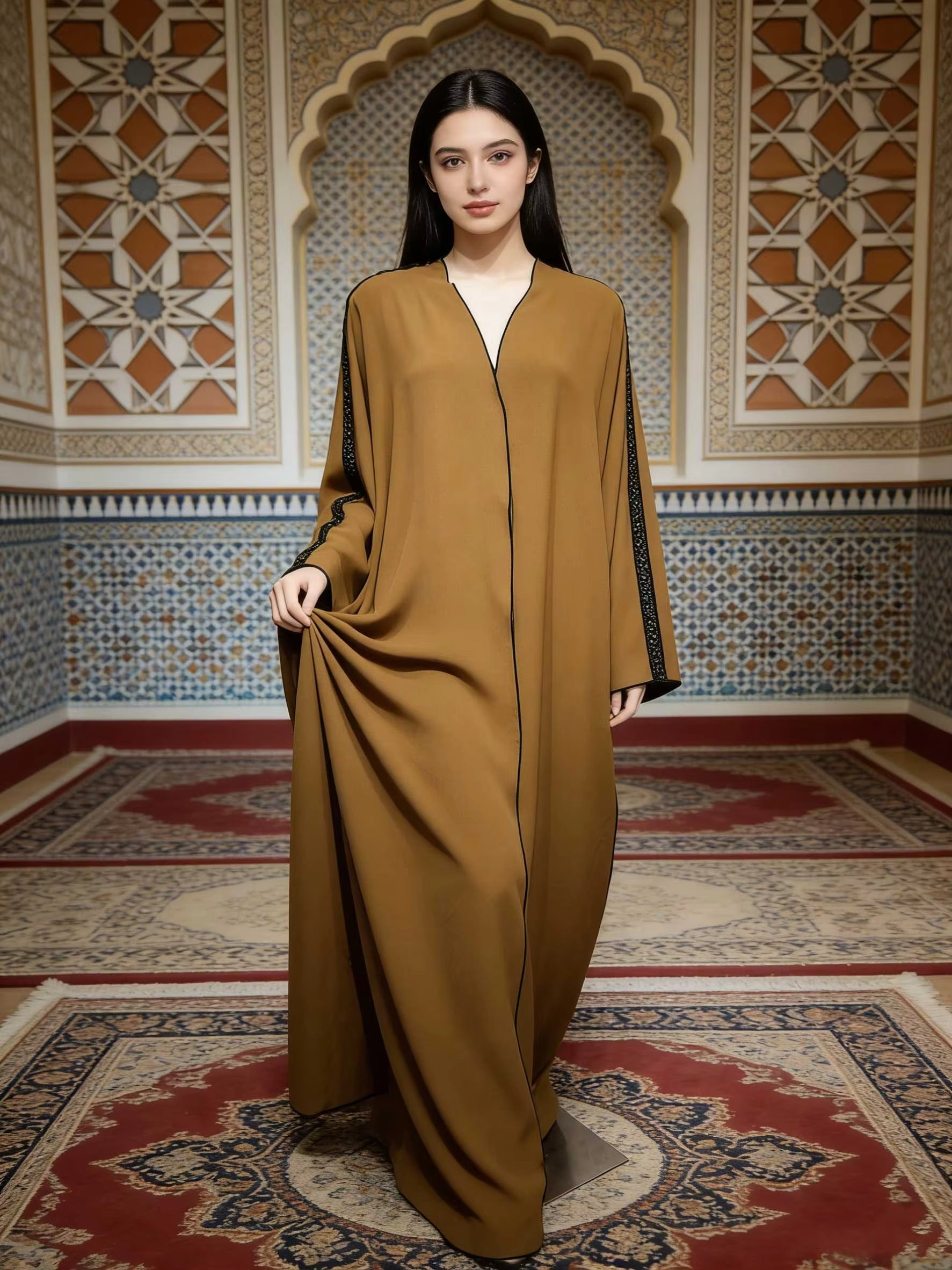 Caramel Brown Satin Abaya With Black Trim Batwing Sleeve Women Muslim Moroccan Kaftan Ramadan Jalabiya Islam Dubai Arabic Robes