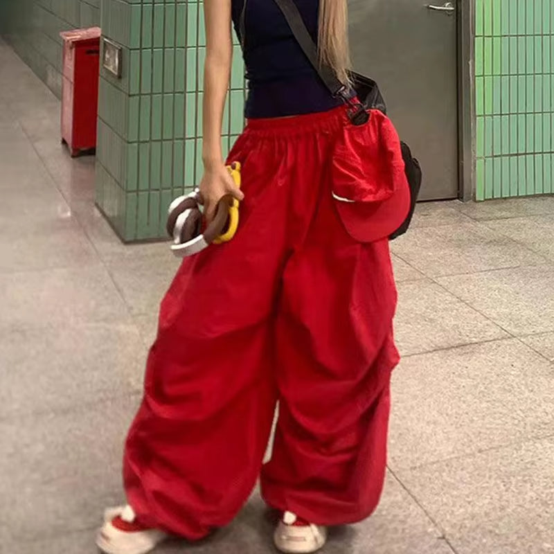 MEXZT Red Cargo Pants Women Harajuku Baggy Sweatpants Streetwear Wide Leg Joggers Summer Gyaru Korean Casual Trousers New