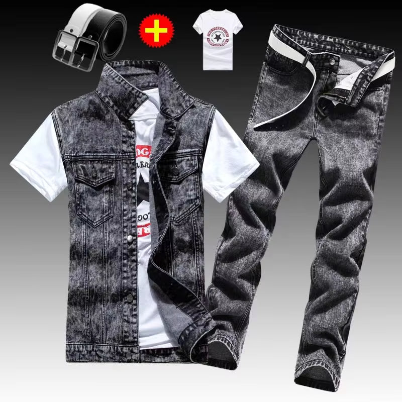 Men’s Slim Fit 3PCS Denim Set – Sleeveless Jacket, T-Shirt & Pencil Pants, Casual Spring Autumn Outfit for Men