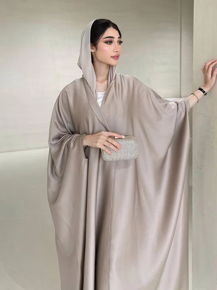 Elegant Satin Abaya for Women – Bat Sleeve Hooded Long Robe, Loose Modest Middle Eastern Kaftan Coat