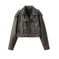 2026 New Coal Gray Style Women's washed leather jacket with belt, short coat with downgraded zipper and vintage lapel jacket