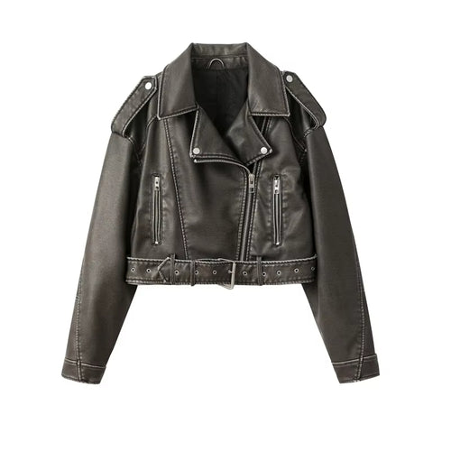 2026 New Coal graysty le Women's washed leather jacket with belt, short coat with downgraded zipper and vintage lapel jacket