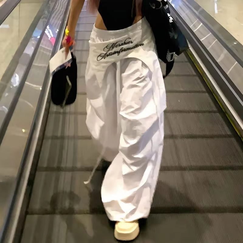 MEXZT White Cargo Pants Women Streetwear Embroidery Baggy Sweatpants Harajuku Wide Leg Joggers Summer Oversized Trousers New