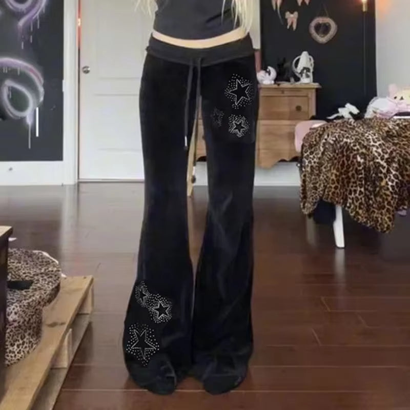 Rhinestones Star Velvet Flared Pants Aesthetic High Waist Baggy Sweatpants Jogging Casual Basic Boot Cut Trousers