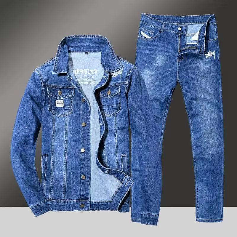 Men’s Loose Fit Denim Set – Korean Style Jacket & Jeans, Trendy Casual 2-Piece Streetwear Outfit