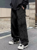Men's Spring and Autumn Multi-Pocket Cargo Pants with Elastic Waistband and Drawstring Adjustment, Solid Color Multi-Pocket
