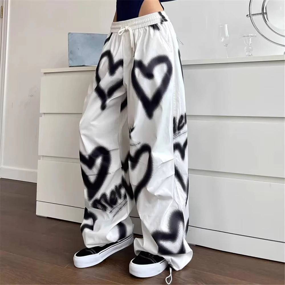Love Graffiti Wide Leg Pants Women Elastic High Waist Streetwear Loose Drawstring Jogging Trousers Korean Casual Sweatpants