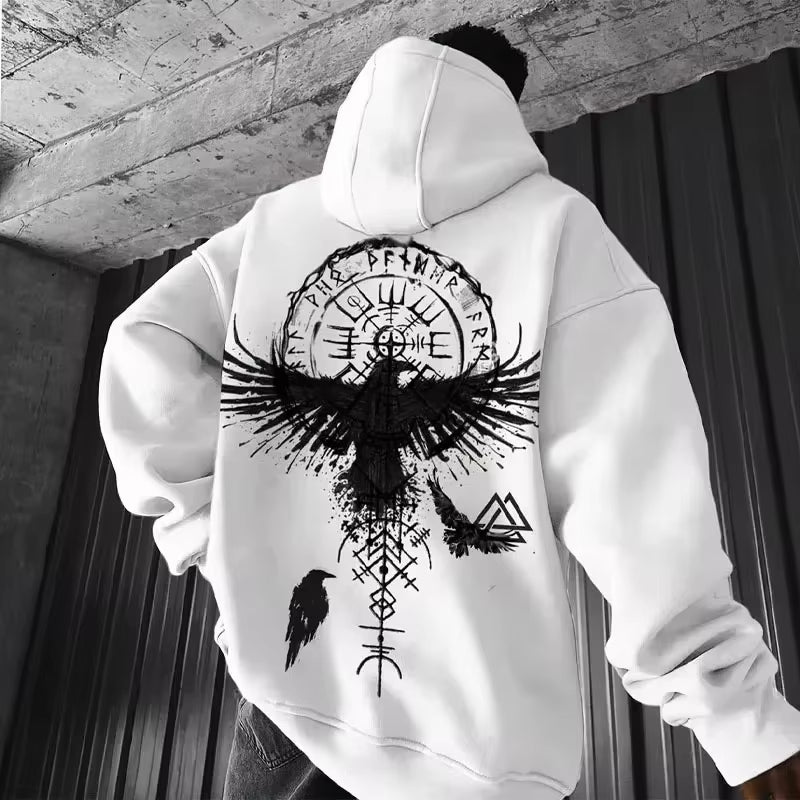 2026 Totem Viking Eagle Print, Men Long-sleeve Hooded Sweatshirt Autumn Winter, Daily Outdoor Casual Street Fashion Sportswear