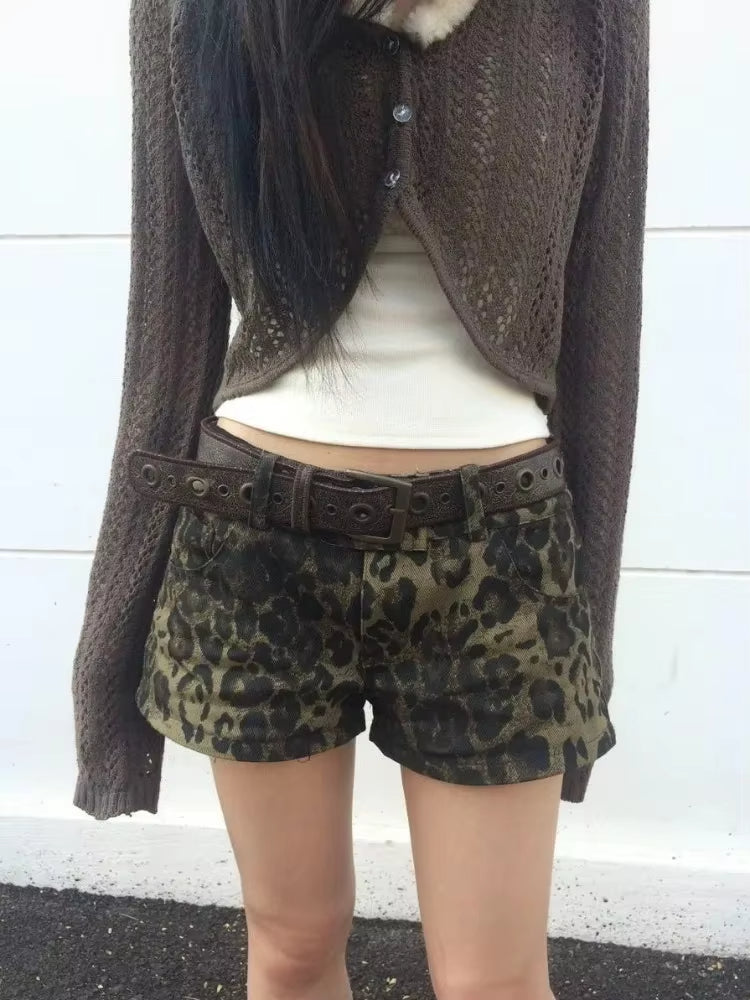 HOUZHOU Sexy Leopard Printed Denim Shorts Women Vintage Low Waist Gyaru Streetwear Summer 2026 Chic Female Retro Short Jeans