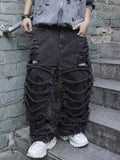 Men's black jeans. With a design of (ripped holes) and tassels. In a street trend style.