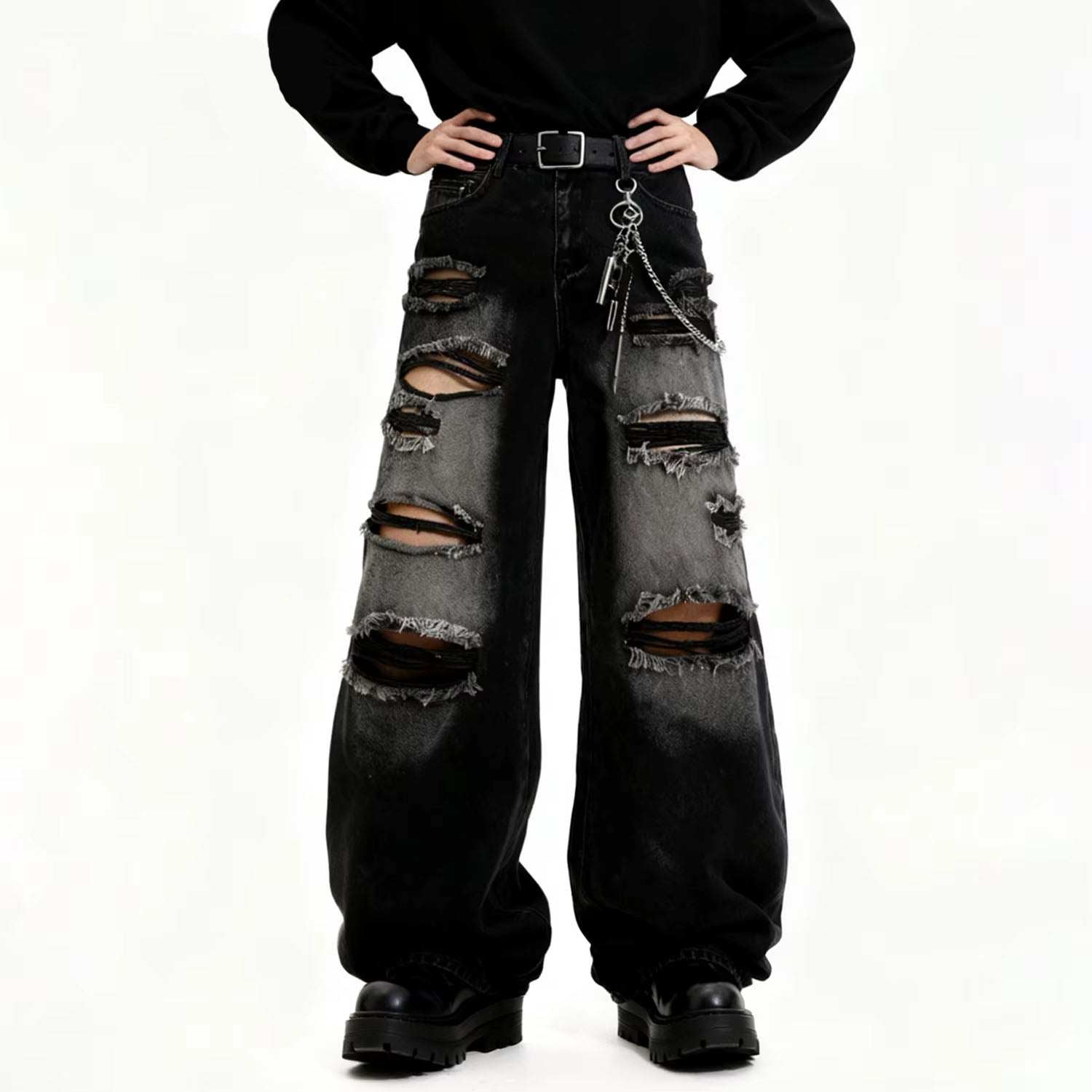 American Street Retro Men's Black Baggy Wide Leg Ripped Jeans Gothic Tear Style Unisex Loose Straight Leg Denim Pants Clothes