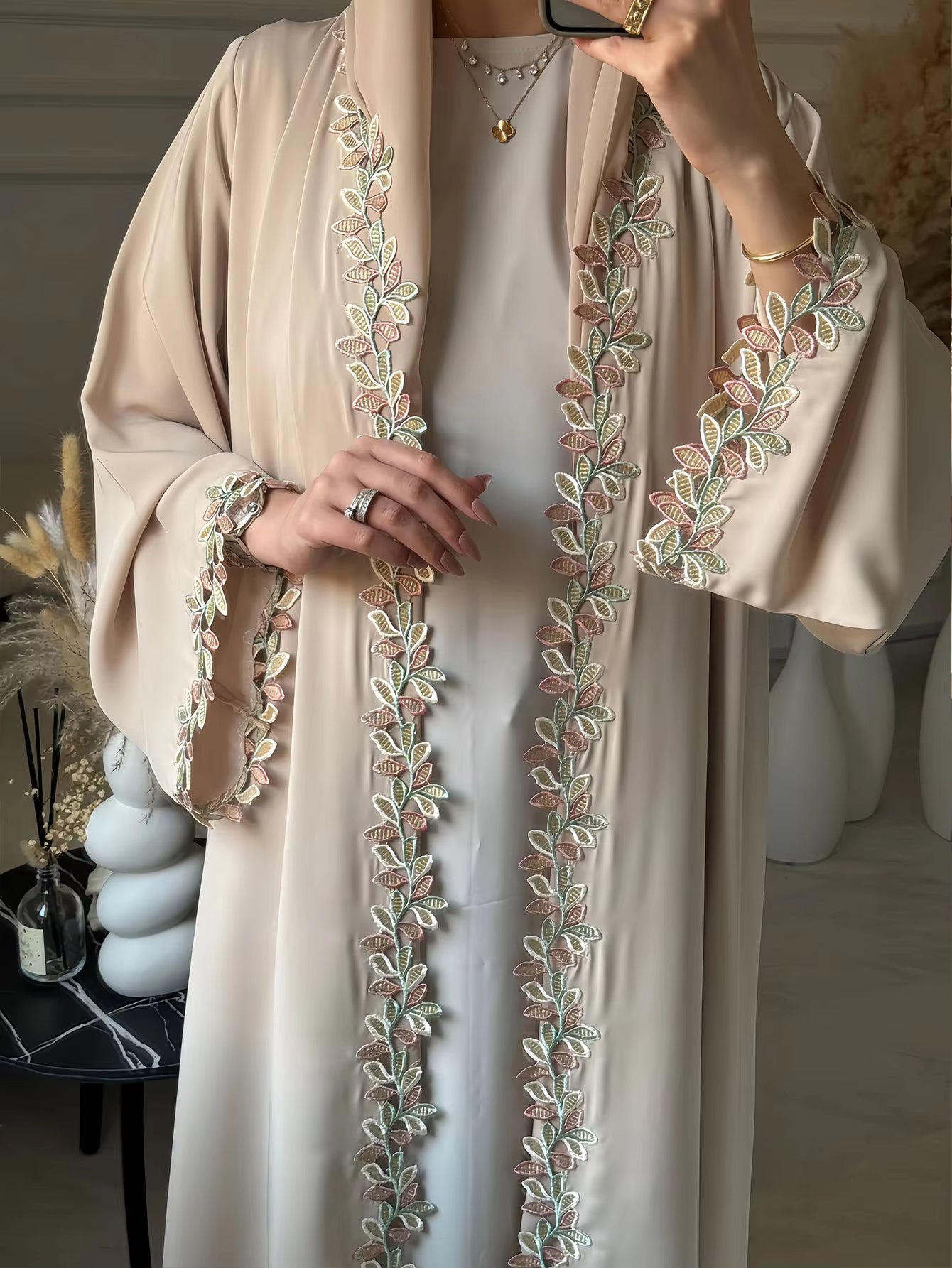 Elegant Beige Embroidered Abaya – Dubai Style Modest Dress with Multicolor Floral Detail for Women