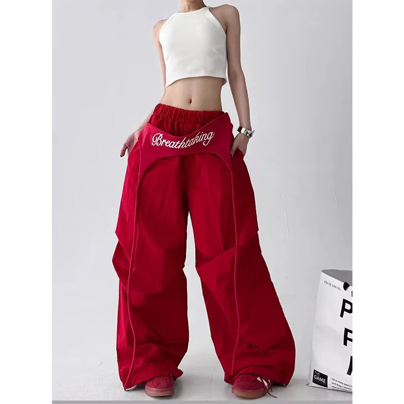 Korean Cargo Pants Women Streetwear Letter Print Baggy Sweatpants Gyaru Harajuku Wide Leg Joggers Summer Casual Trousers