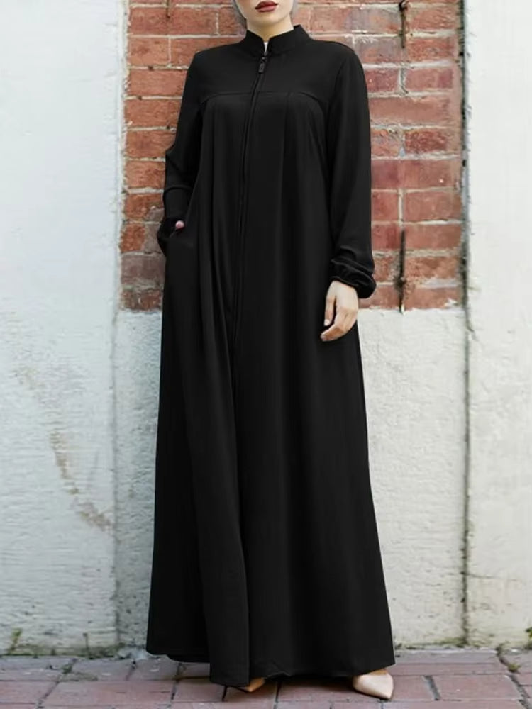 Elegant Black Abaya Dress – Stand Collar Long Sleeve Modest Maxi with Zipper Pocket, Loose Casual Islamic Wear