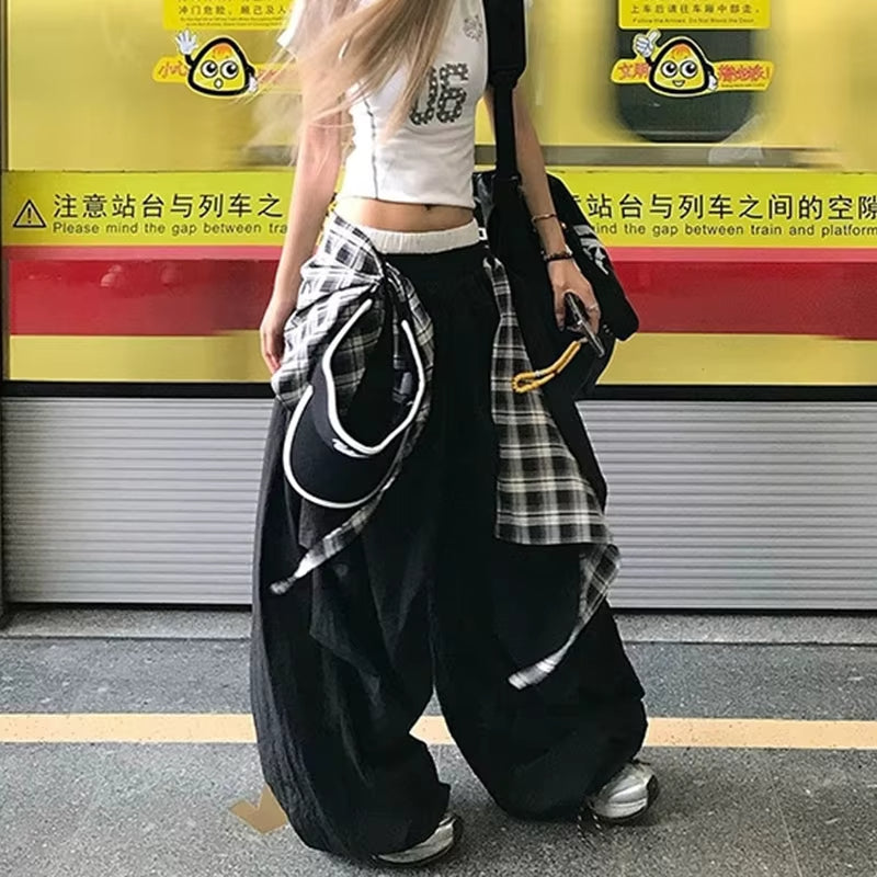 Black Cargo Pants Women Streetwear Plaid Patchwork Baggy Sweatpants Harajuku Wide Leg Joggers Summer Korean Casual Trousers