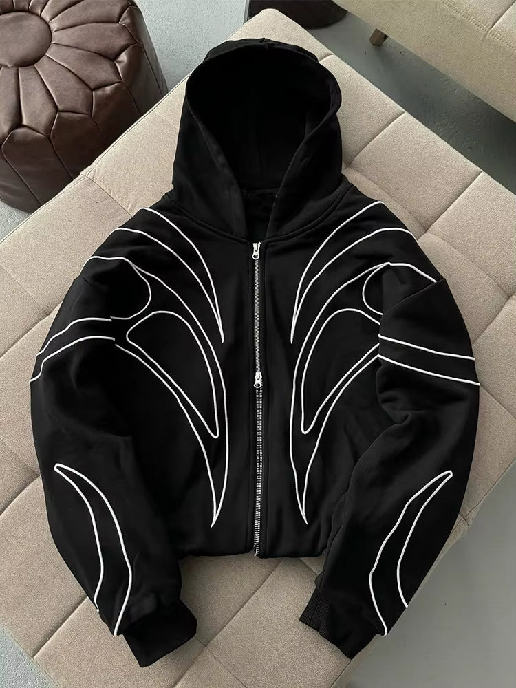 Street Retro Fashion Clothing Striped Embroidered Black Double Zipper Hoodie American Hip-hop Punk Oversized Sweatshirt