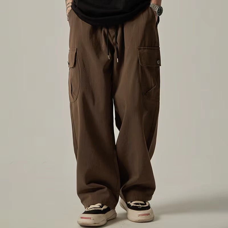 Men's Sweatpants 2026 Spring Autumn Vintage Japanese Wide Leg Straight Loose Button Big Pockets Cargo Pants Drawstring Trousers