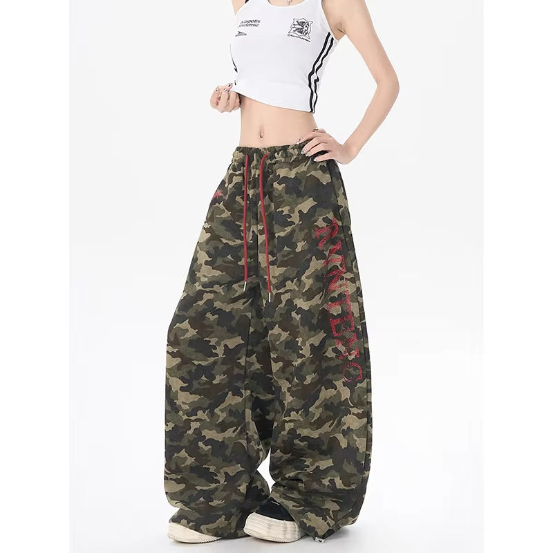 YIBASHU American Retro 2000s Camouflage Letter Pants Women's Autumn Winter Loose Wide Leg Jazz Hip-hop Dance Sports Pants