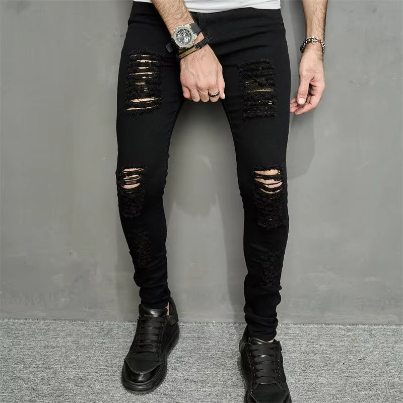 Men Jeans Ankle Length Hole Vintage Ripped Pencil Pants Denim Skinny Pockets Distressed Slim Moto Biker Solid Washed