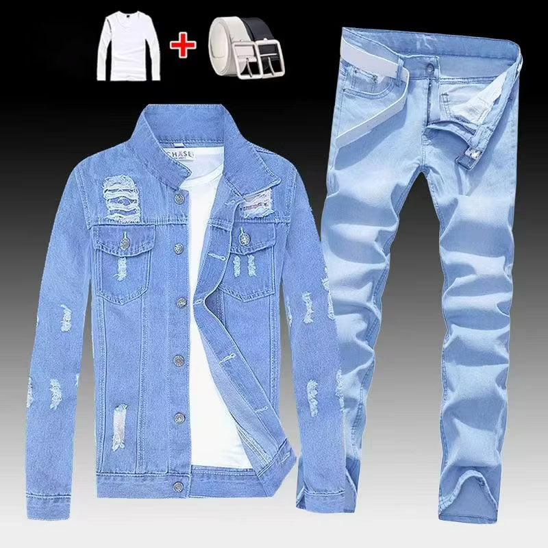 Men's Light Blue Denim Jacket, Ripped Slim Fit Jean Outerwear for Casual Street Style