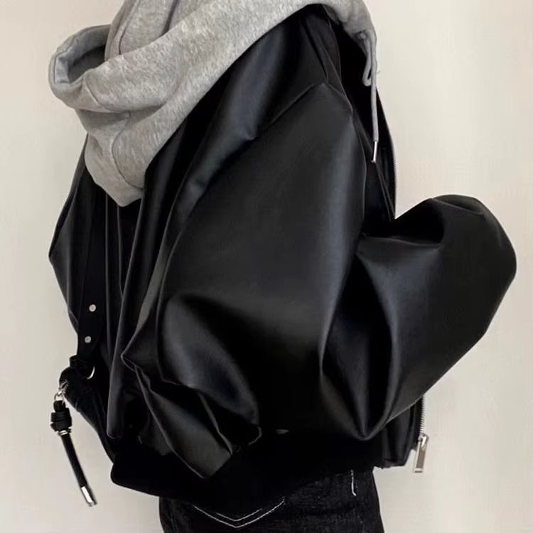 Korean High-end Black PU Leather Jacket Women Fashion Hooded Loose Spring Autumn Zipper Fake Two-Piece Versatile Outerwear