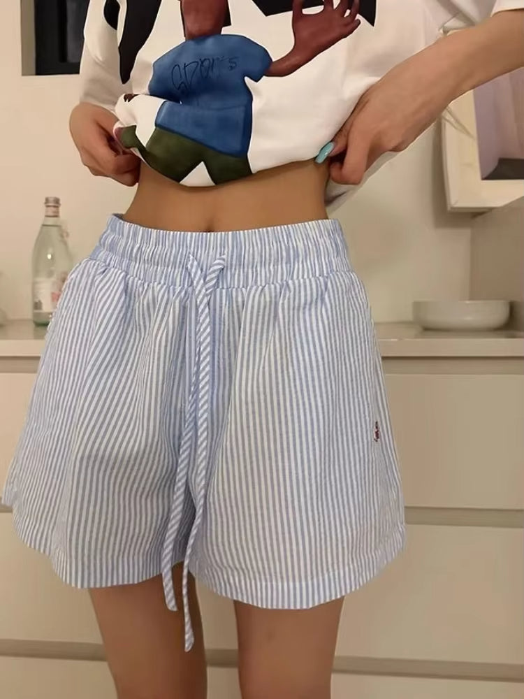 HOUZHOU Striped Shorts for Women Harajuku Blue Baggy Elastic Waist Short Pants Korean Style Casual Fashion Retro Shorts