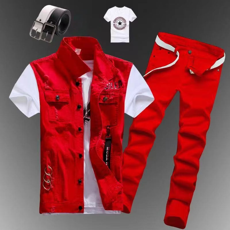 2pcs Set Mens Boys Casual Denim Vest Sleeveless Waistcoat -Jeans Pants Trousers for Summer Autumn Spring Free Send Tshirt Belt