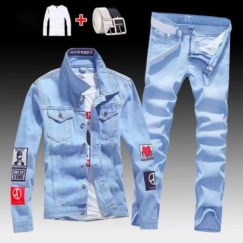 Men's Slim Fit Denim Jacket and Jeans Set, Light Blue Casual Streetwear Outfit with Patch Detail
