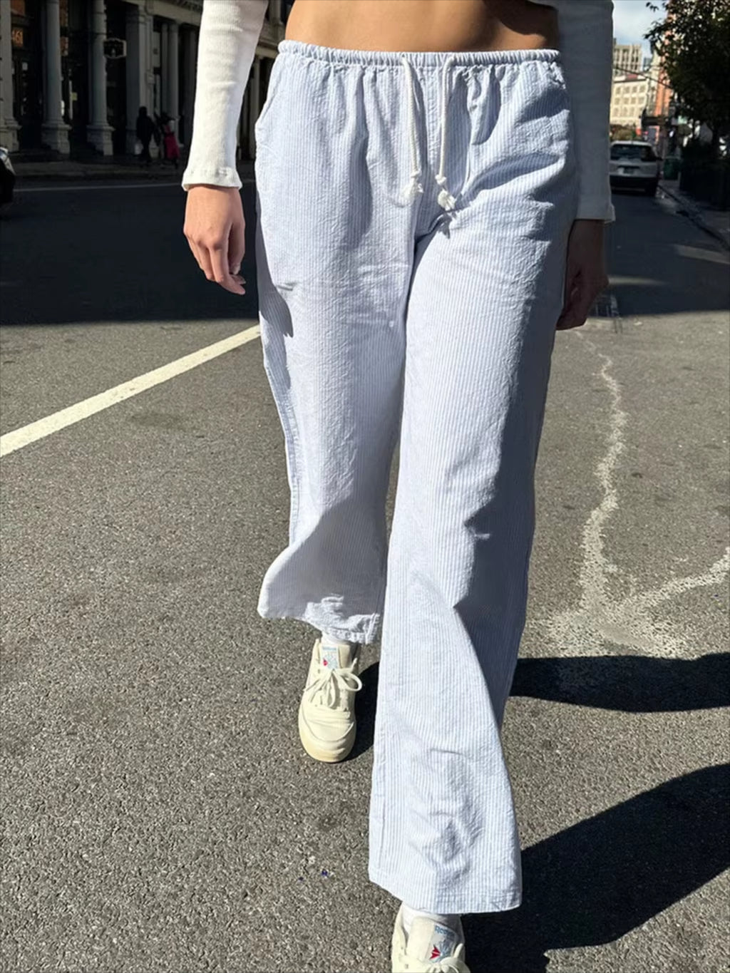 Blue Stripes Drawstring Long Pant Autumn High Waist Casual Loose Trouser Woman Streetwear Preppy Style Sweet Cute Straight Pants